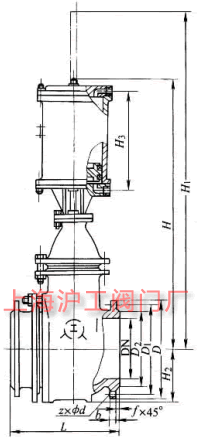 PZ641H 型 PN16~PN63 氣動鋼制排渣閘閥主要外形及結(jié)構(gòu)尺寸示意圖